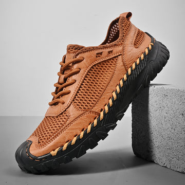 (⏰LAST DAY-70% OFF🛒)Men’s Genuine Leather Loafers – Breathable Mesh Slip-On Casual Shoes with Arch Support, Wide Toe Design, Hand-Sewn Stitching & Anti-Slip Sole for Work & Driving