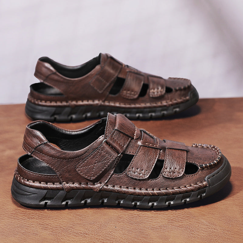(🎁Free Orthotic Insoles🔥)Men’s Leather Fisherman Sandals with Arch Support – Lightweight, Non-Slip, Breathable Massage Insole & Easy Velcro Closure for All-Day Comfort