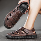 (🎁Free Orthotic Insoles🔥)Men’s Leather Fisherman Sandals with Arch Support – Lightweight, Non-Slip, Breathable Massage Insole & Easy Velcro Closure for All-Day Comfort