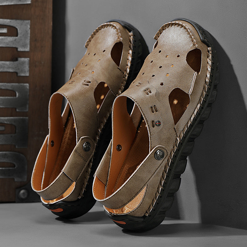 ⏰LAST DAY-50% OFF🛒Men’s Open Toe Fisherman Sandals – Handmade Leather, Arch Support, Adjustable Fit, Non-Slip Outdoor Summer Sandals