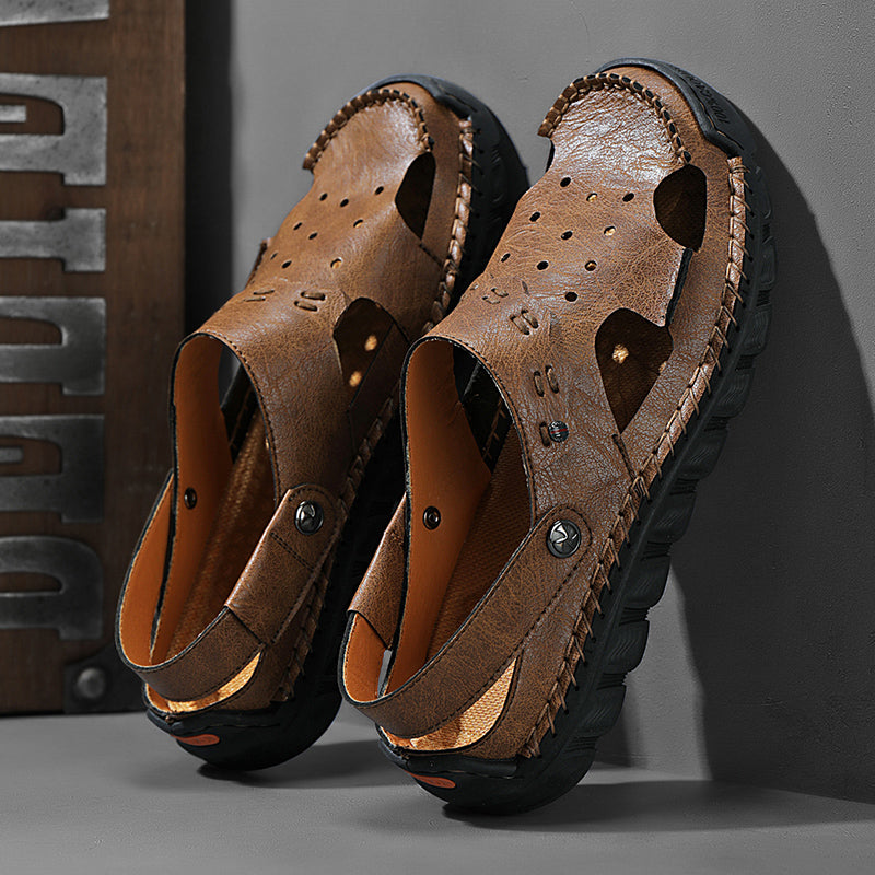 ⏰LAST DAY-50% OFF🛒Men’s Open Toe Fisherman Sandals – Handmade Leather, Arch Support, Adjustable Fit, Non-Slip Outdoor Summer Sandals