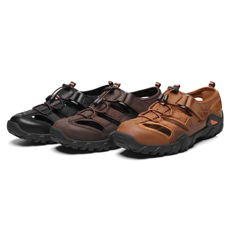 (🎁Free Orthotic Insoles🔥)Men's Outdoor Sandals – Breathable Hollow-Out Closed-Toe Hiking Sandals with Anti-Collision Toe Cap, Adjustable Strap & Non-Slip Sole