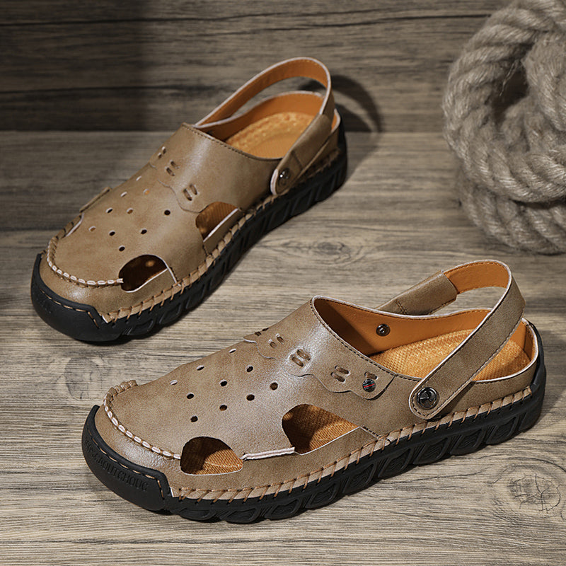 ⏰LAST DAY-50% OFF🛒Men’s Open Toe Fisherman Sandals – Handmade Leather, Arch Support, Adjustable Fit, Non-Slip Outdoor Summer Sandals