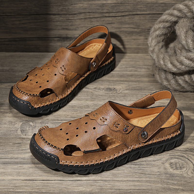 ⏰LAST DAY-50% OFF🛒Men’s Open Toe Fisherman Sandals – Handmade Leather, Arch Support, Adjustable Fit, Non-Slip Outdoor Summer Sandals