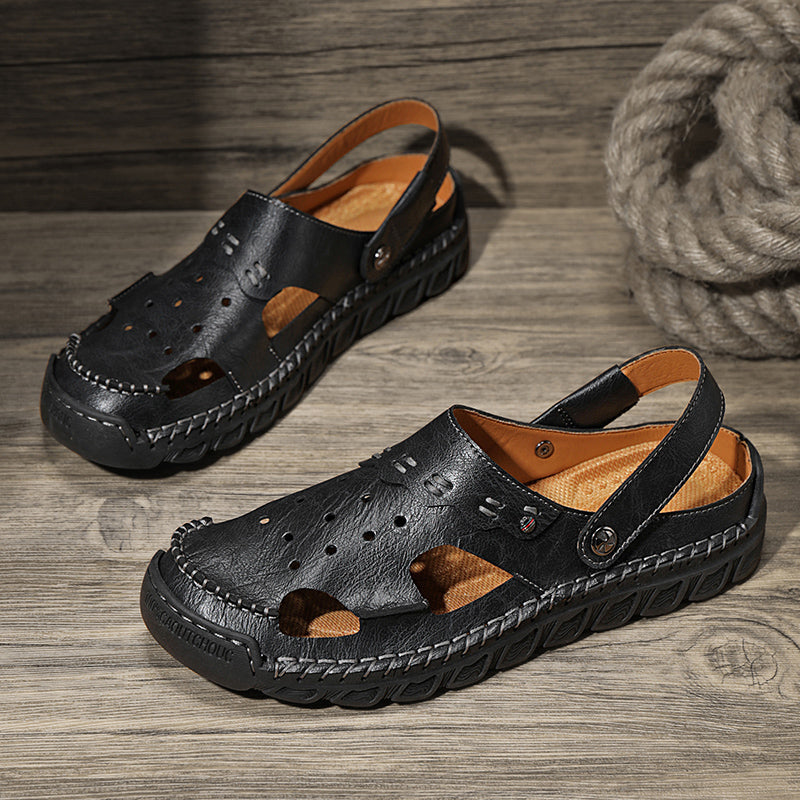 ⏰LAST DAY-50% OFF🛒Men’s Open Toe Fisherman Sandals – Handmade Leather, Arch Support, Adjustable Fit, Non-Slip Outdoor Summer Sandals