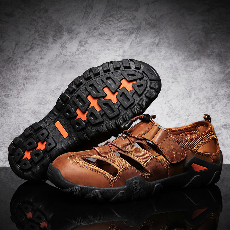 (🎁Free Orthotic Insoles🔥)Men's Outdoor Sandals – Breathable Hollow-Out Closed-Toe Hiking Sandals with Anti-Collision Toe Cap, Adjustable Strap & Non-Slip Sole