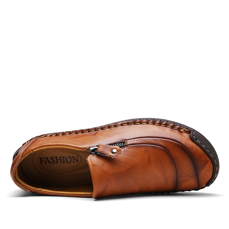 Men's Vintage British Preppy Slip-On Handmade Nappa Leather Zipper Loafers
