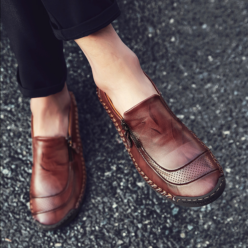 Men's Vintage British Preppy Slip-On Handmade Nappa Leather Zipper Loafers