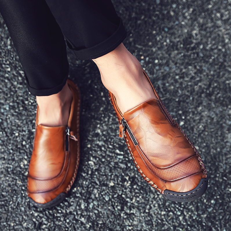 Men's Vintage British Preppy Slip-On Handmade Nappa Leather Zipper Loafers