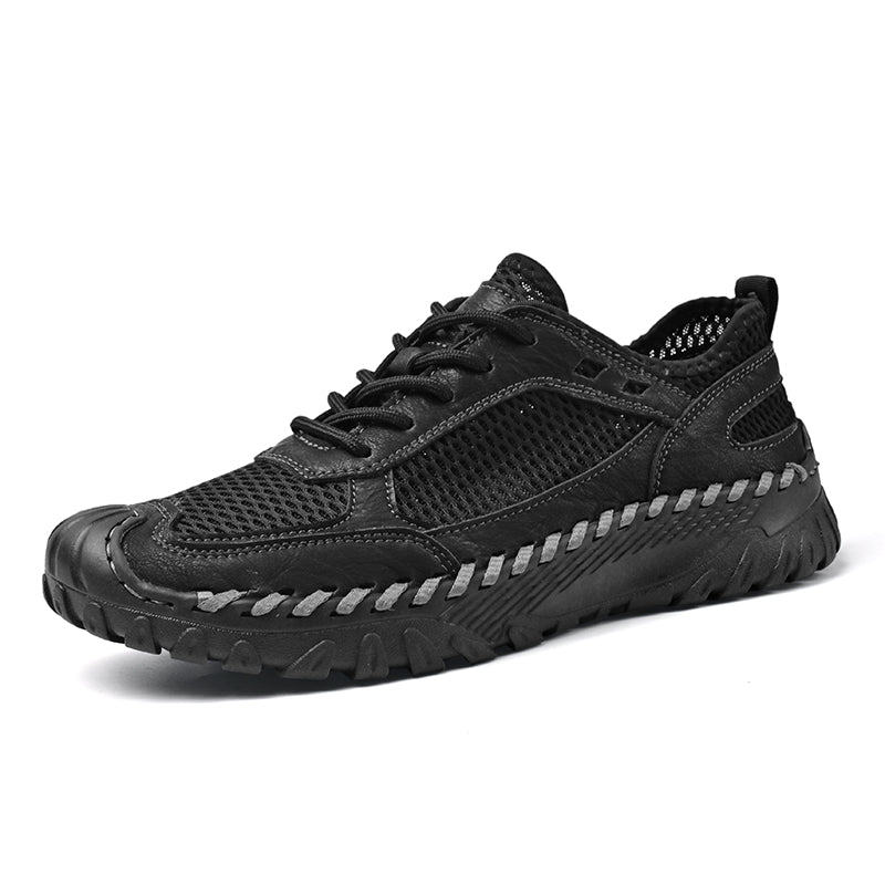 (⏰LAST DAY-70% OFF🛒)Men’s Genuine Leather Loafers – Breathable Mesh Slip-On Casual Shoes with Arch Support, Wide Toe Design, Hand-Sewn Stitching & Anti-Slip Sole for Work & Driving
