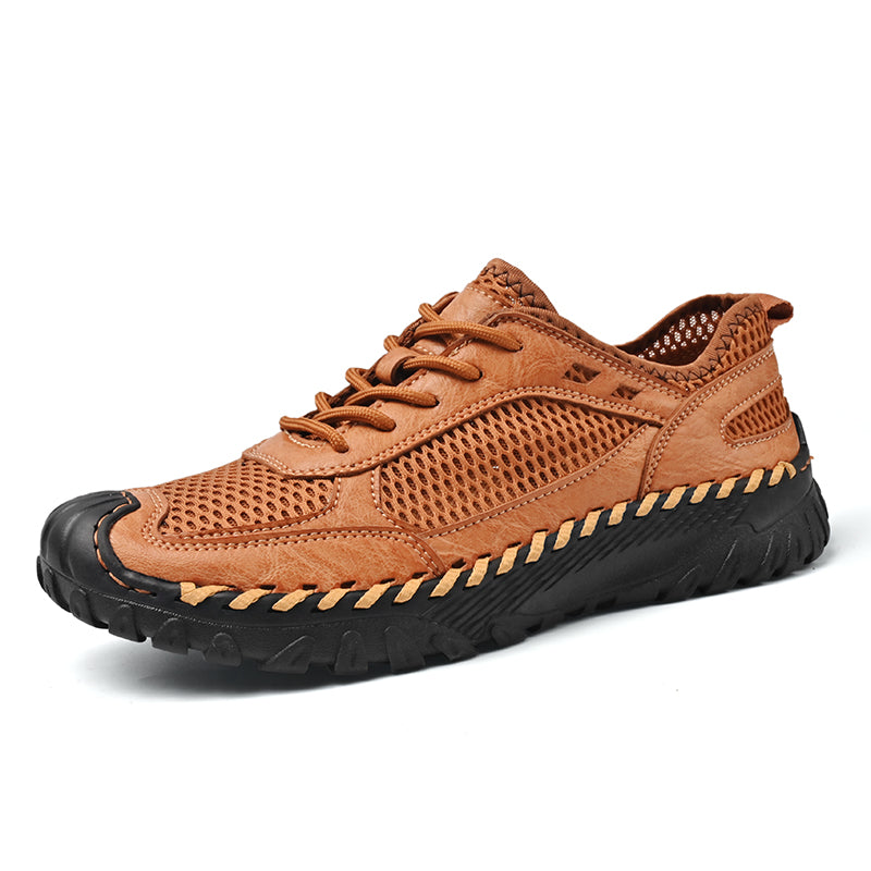 (⏰LAST DAY-70% OFF🛒)Men’s Genuine Leather Loafers – Breathable Mesh Slip-On Casual Shoes with Arch Support, Wide Toe Design, Hand-Sewn Stitching & Anti-Slip Sole for Work & Driving