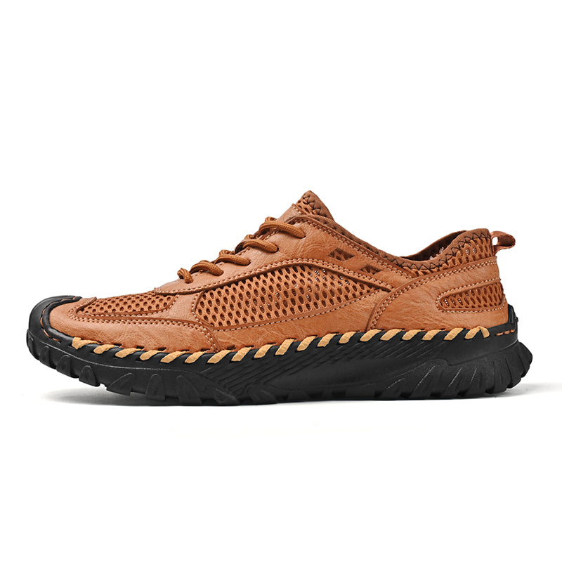 (⏰LAST DAY-70% OFF🛒)Men’s Genuine Leather Loafers – Breathable Mesh Slip-On Casual Shoes with Arch Support, Wide Toe Design, Hand-Sewn Stitching & Anti-Slip Sole for Work & Driving