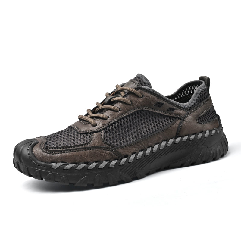 (⏰LAST DAY-70% OFF🛒)Men’s Genuine Leather Loafers – Breathable Mesh Slip-On Casual Shoes with Arch Support, Wide Toe Design, Hand-Sewn Stitching & Anti-Slip Sole for Work & Driving