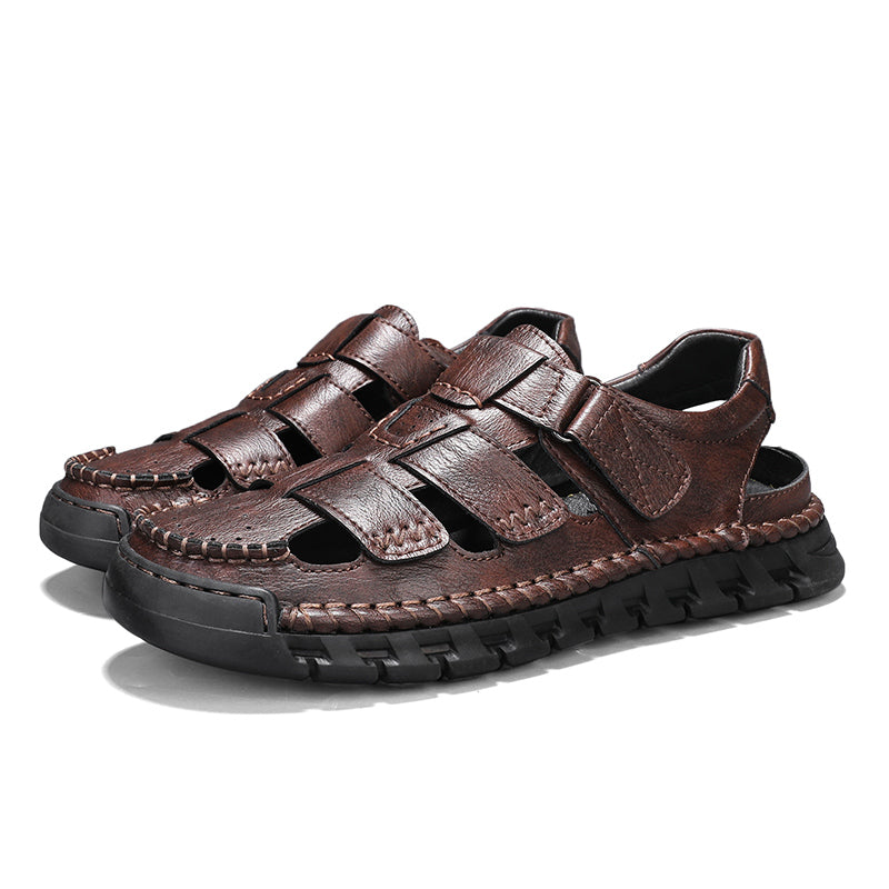 (🎁Free Orthotic Insoles🔥)Men’s Leather Fisherman Sandals with Arch Support – Lightweight, Non-Slip, Breathable Massage Insole & Easy Velcro Closure for All-Day Comfort