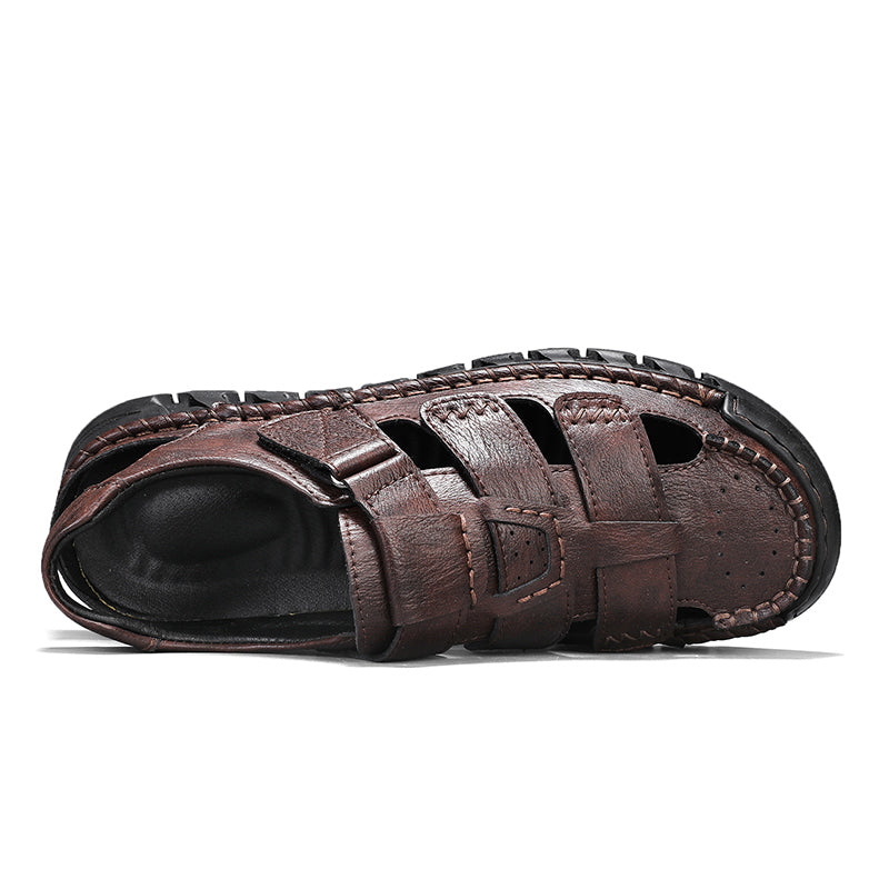 (🎁Free Orthotic Insoles🔥)Men’s Leather Fisherman Sandals with Arch Support – Lightweight, Non-Slip, Breathable Massage Insole & Easy Velcro Closure for All-Day Comfort
