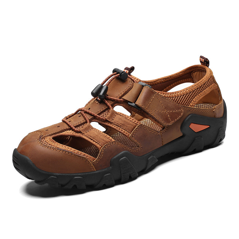 (🎁Free Orthotic Insoles🔥)Men's Outdoor Sandals – Breathable Hollow-Out Closed-Toe Hiking Sandals with Anti-Collision Toe Cap, Adjustable Strap & Non-Slip Sole