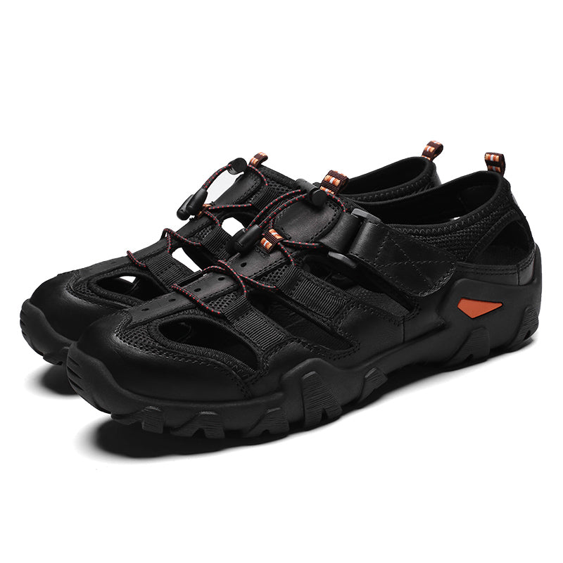 (🎁Free Orthotic Insoles🔥)Men's Outdoor Sandals – Breathable Hollow-Out Closed-Toe Hiking Sandals with Anti-Collision Toe Cap, Adjustable Strap & Non-Slip Sole