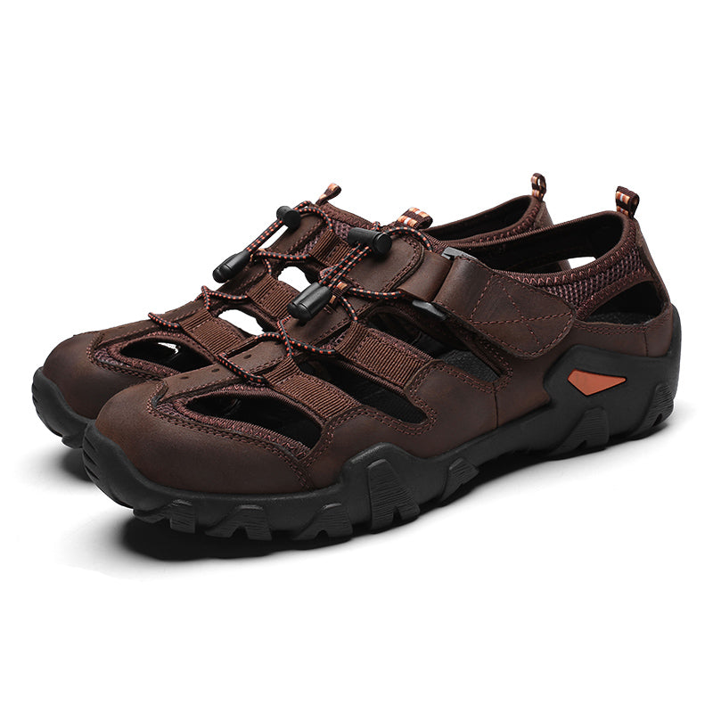 (🎁Free Orthotic Insoles🔥)Men's Outdoor Sandals – Breathable Hollow-Out Closed-Toe Hiking Sandals with Anti-Collision Toe Cap, Adjustable Strap & Non-Slip Sole
