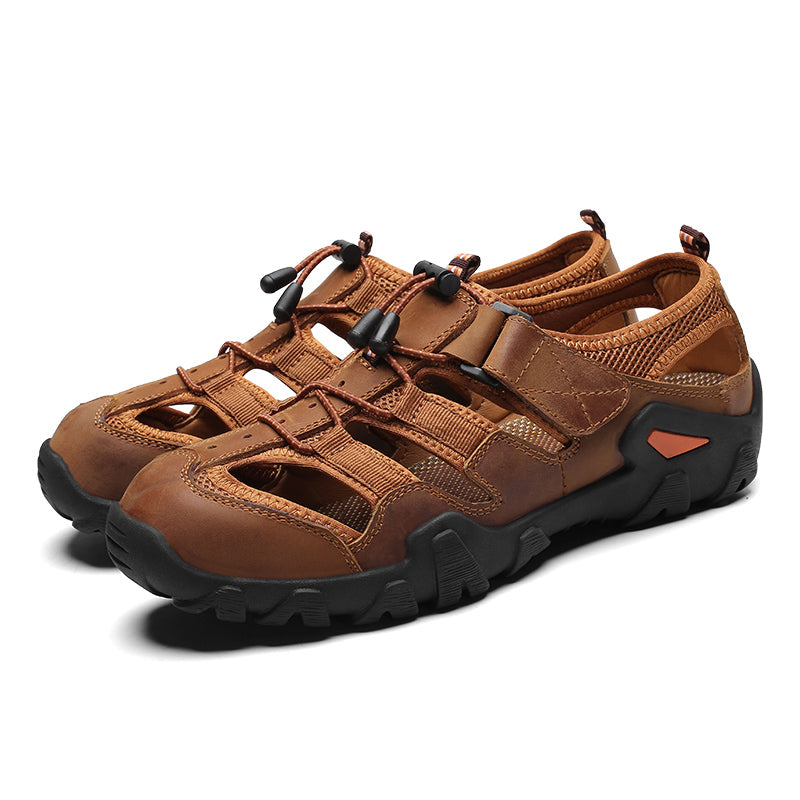 (🎁Free Orthotic Insoles🔥)Men's Outdoor Sandals – Breathable Hollow-Out Closed-Toe Hiking Sandals with Anti-Collision Toe Cap, Adjustable Strap & Non-Slip Sole