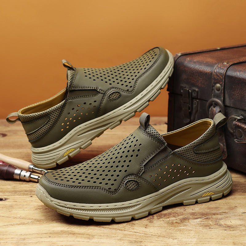 ⏰Limited Time 60% OFF🛒 Men's Handmade Slip-On Leather Walking Sneakers – Orthopedic Arch Support, Breathable & Anti-Slip Genuine Cowhide Loafers