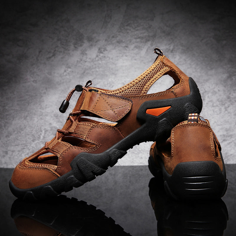 (🎁Free Orthotic Insoles🔥)Men's Outdoor Sandals – Breathable Hollow-Out Closed-Toe Hiking Sandals with Anti-Collision Toe Cap, Adjustable Strap & Non-Slip Sole