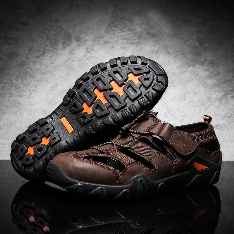 (🎁Free Orthotic Insoles🔥)Men's Outdoor Sandals – Breathable Hollow-Out Closed-Toe Hiking Sandals with Anti-Collision Toe Cap, Adjustable Strap & Non-Slip Sole