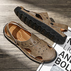 ⏰LAST DAY-50% OFF🛒Men’s Open Toe Fisherman Sandals – Handmade Leather, Arch Support, Adjustable Fit, Non-Slip Outdoor Summer Sandals