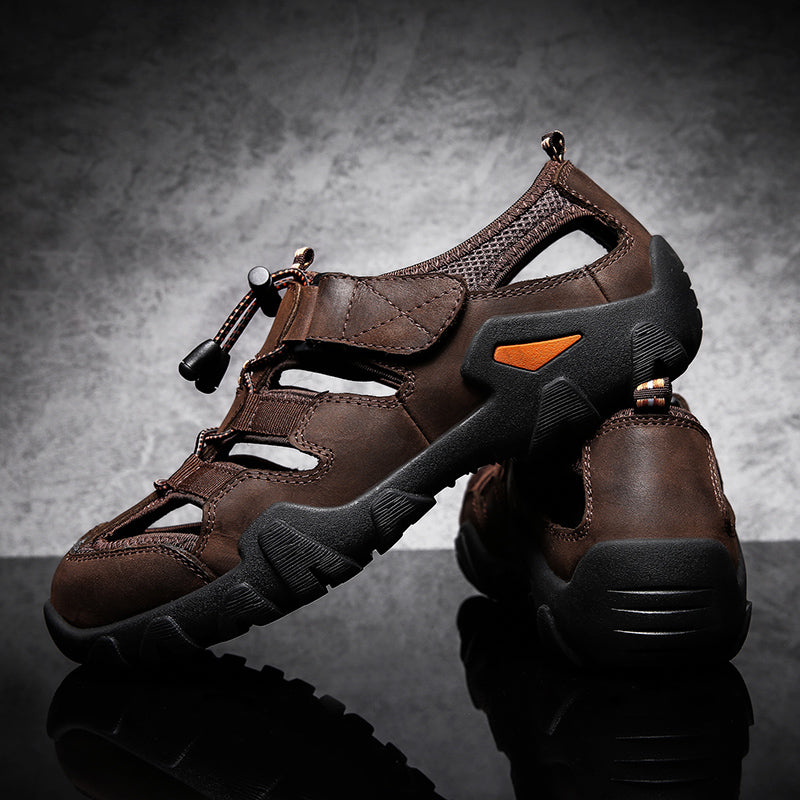 (🎁Free Orthotic Insoles🔥)Men's Outdoor Sandals – Breathable Hollow-Out Closed-Toe Hiking Sandals with Anti-Collision Toe Cap, Adjustable Strap & Non-Slip Sole