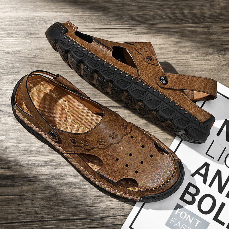 ⏰LAST DAY-50% OFF🛒Men’s Open Toe Fisherman Sandals – Handmade Leather, Arch Support, Adjustable Fit, Non-Slip Outdoor Summer Sandals