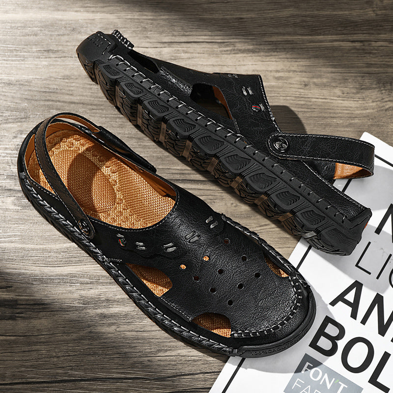 ⏰LAST DAY-50% OFF🛒Men’s Open Toe Fisherman Sandals – Handmade Leather, Arch Support, Adjustable Fit, Non-Slip Outdoor Summer Sandals