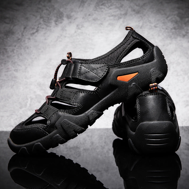 (🎁Free Orthotic Insoles🔥)Men's Outdoor Sandals – Breathable Hollow-Out Closed-Toe Hiking Sandals with Anti-Collision Toe Cap, Adjustable Strap & Non-Slip Sole