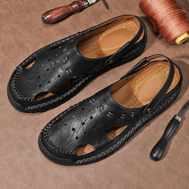 ⏰LAST DAY-50% OFF🛒Men’s Open Toe Fisherman Sandals – Handmade Leather, Arch Support, Adjustable Fit, Non-Slip Outdoor Summer Sandals