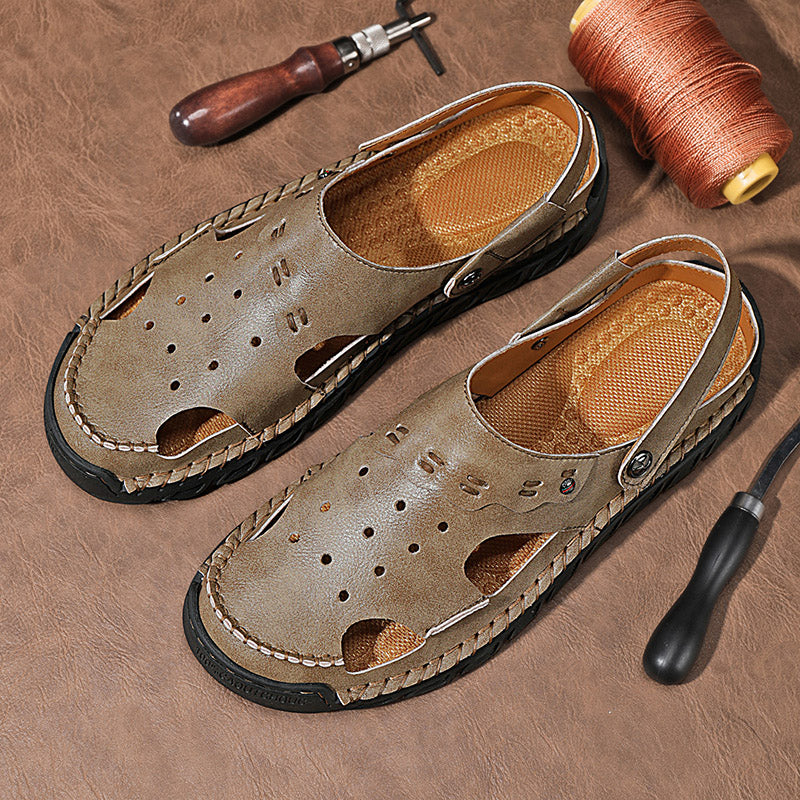⏰LAST DAY-50% OFF🛒Men’s Open Toe Fisherman Sandals – Handmade Leather, Arch Support, Adjustable Fit, Non-Slip Outdoor Summer Sandals