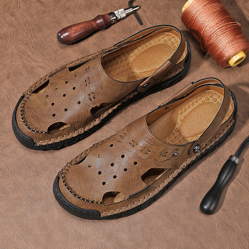 ⏰LAST DAY-50% OFF🛒Men’s Open Toe Fisherman Sandals – Handmade Leather, Arch Support, Adjustable Fit, Non-Slip Outdoor Summer Sandals
