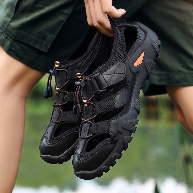 (🎁Free Orthotic Insoles🔥)Men's Outdoor Sandals – Breathable Hollow-Out Closed-Toe Hiking Sandals with Anti-Collision Toe Cap, Adjustable Strap & Non-Slip Sole