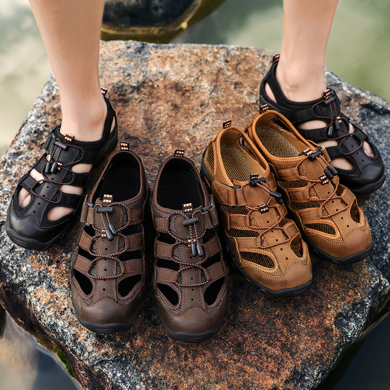 (🎁Free Orthotic Insoles🔥)Men's Outdoor Sandals – Breathable Hollow-Out Closed-Toe Hiking Sandals with Anti-Collision Toe Cap, Adjustable Strap & Non-Slip Sole