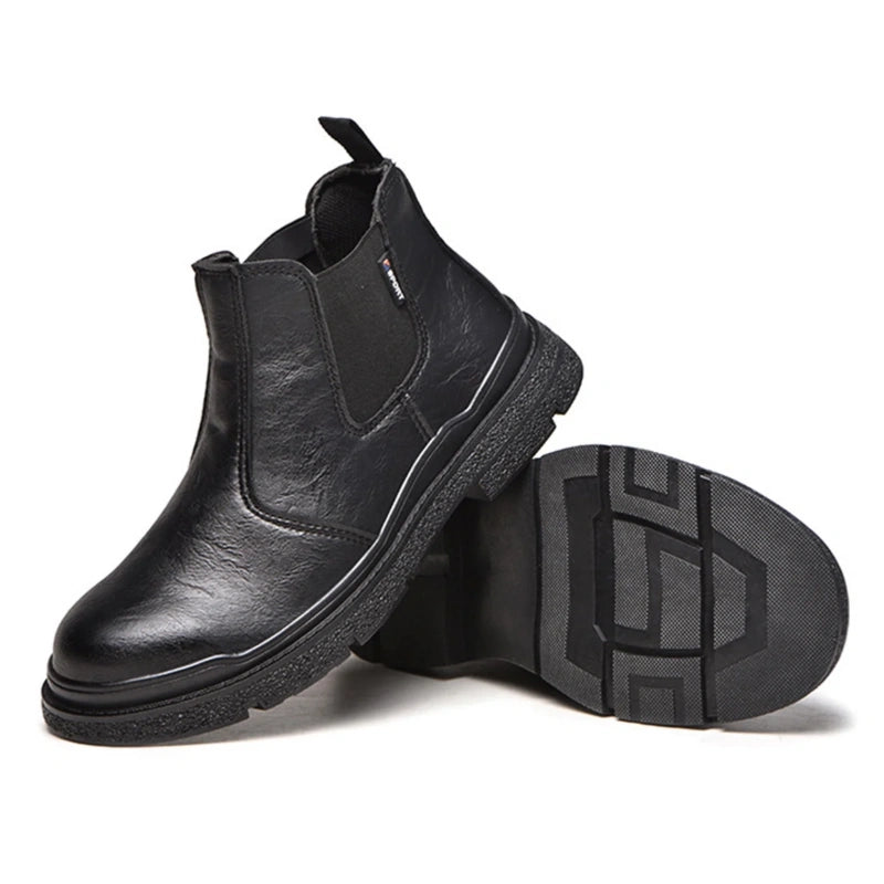 Men's Genuine Leather Steel Toe Chelsea Work Boots – Anti-Puncture, Waterproof, Slip-On Safety Shoes, Durable & Non-Slip