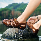 (🎁Free Orthotic Insoles🔥)Men's Outdoor Sandals – Breathable Hollow-Out Closed-Toe Hiking Sandals with Anti-Collision Toe Cap, Adjustable Strap & Non-Slip Sole