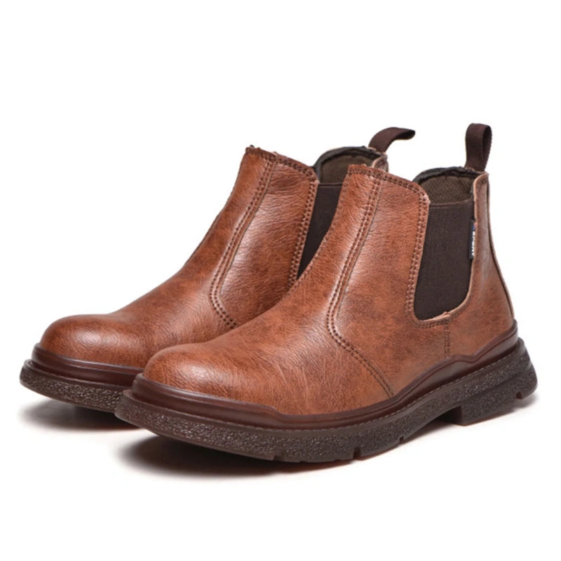 Men's Genuine Leather Steel Toe Chelsea Work Boots – Anti-Puncture, Waterproof, Slip-On Safety Shoes, Durable & Non-Slip