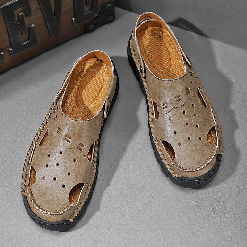 ⏰LAST DAY-50% OFF🛒Men’s Open Toe Fisherman Sandals – Handmade Leather, Arch Support, Adjustable Fit, Non-Slip Outdoor Summer Sandals