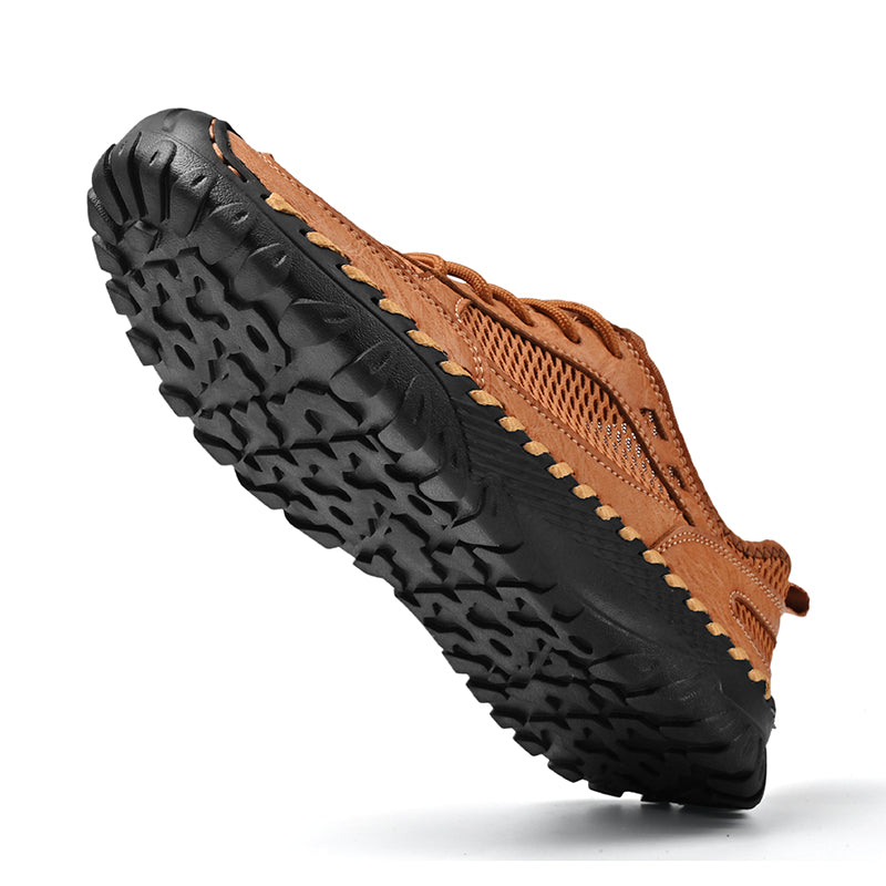 (⏰LAST DAY-70% OFF🛒)Men’s Genuine Leather Loafers – Breathable Mesh Slip-On Casual Shoes with Arch Support, Wide Toe Design, Hand-Sewn Stitching & Anti-Slip Sole for Work & Driving