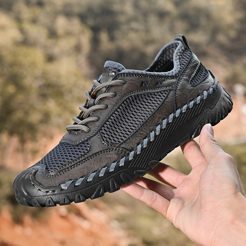 (⏰LAST DAY-70% OFF🛒)Men’s Genuine Leather Loafers – Breathable Mesh Slip-On Casual Shoes with Arch Support, Wide Toe Design, Hand-Sewn Stitching & Anti-Slip Sole for Work & Driving