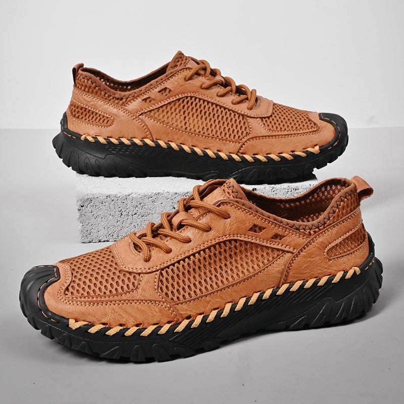 (⏰LAST DAY-70% OFF🛒)Men’s Genuine Leather Loafers – Breathable Mesh Slip-On Casual Shoes with Arch Support, Wide Toe Design, Hand-Sewn Stitching & Anti-Slip Sole for Work & Driving