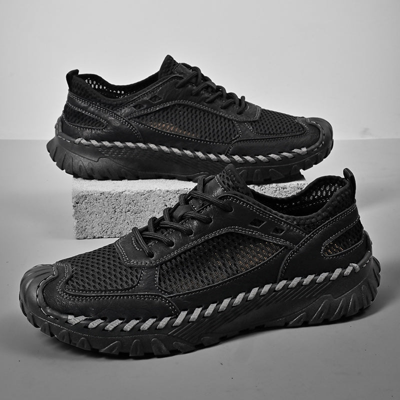 (⏰LAST DAY-70% OFF🛒)Men’s Genuine Leather Loafers – Breathable Mesh Slip-On Casual Shoes with Arch Support, Wide Toe Design, Hand-Sewn Stitching & Anti-Slip Sole for Work & Driving