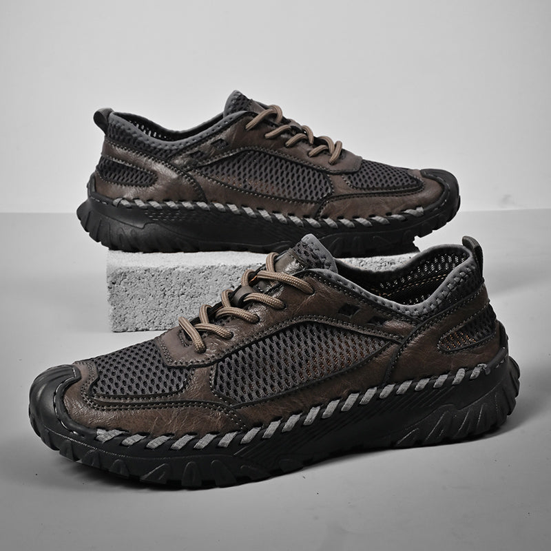 (⏰LAST DAY-70% OFF🛒)Men’s Genuine Leather Loafers – Breathable Mesh Slip-On Casual Shoes with Arch Support, Wide Toe Design, Hand-Sewn Stitching & Anti-Slip Sole for Work & Driving