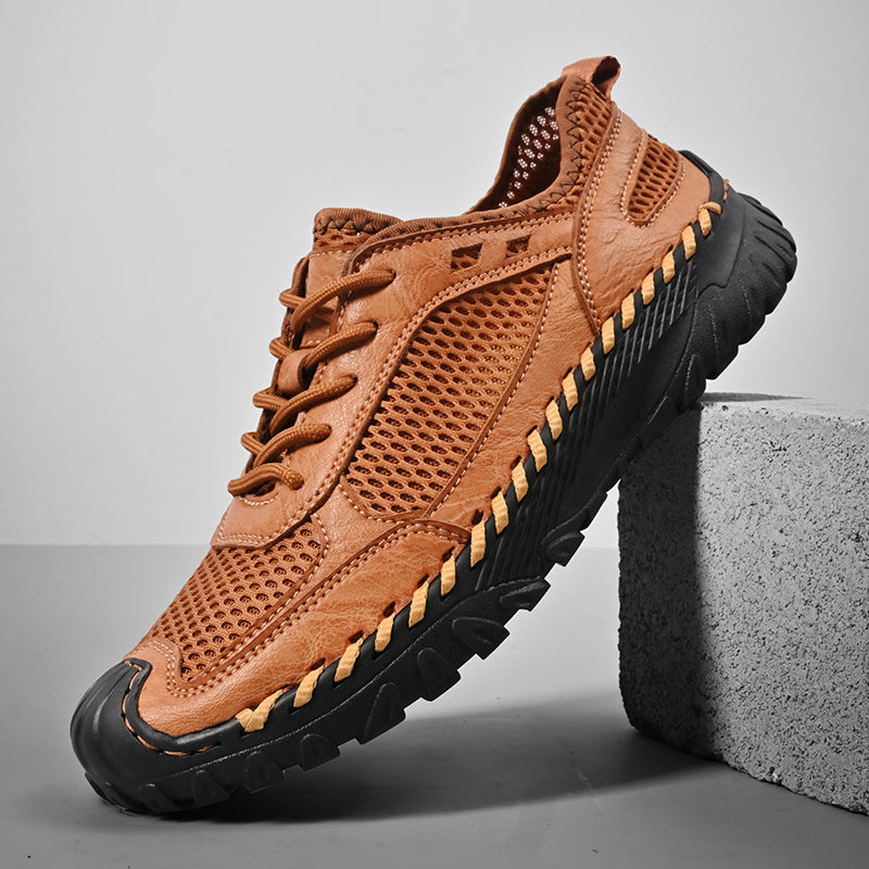 (⏰LAST DAY-70% OFF🛒)Men’s Genuine Leather Loafers – Breathable Mesh Slip-On Casual Shoes with Arch Support, Wide Toe Design, Hand-Sewn Stitching & Anti-Slip Sole for Work & Driving