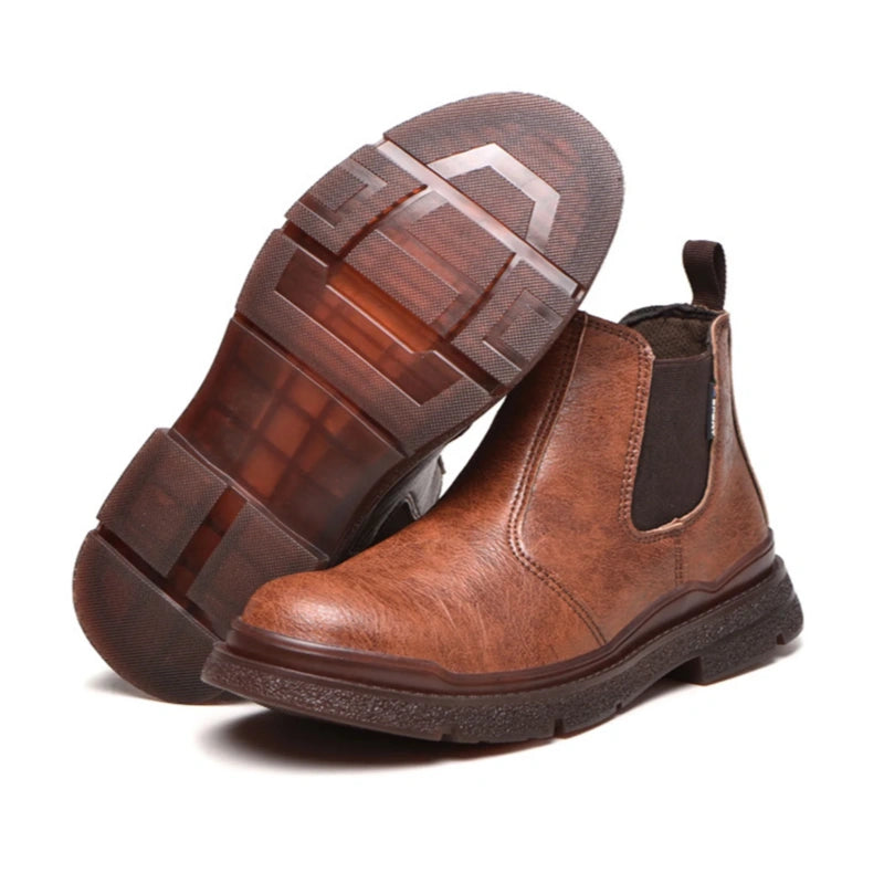 Men's Genuine Leather Steel Toe Chelsea Work Boots – Anti-Puncture, Waterproof, Slip-On Safety Shoes, Durable & Non-Slip