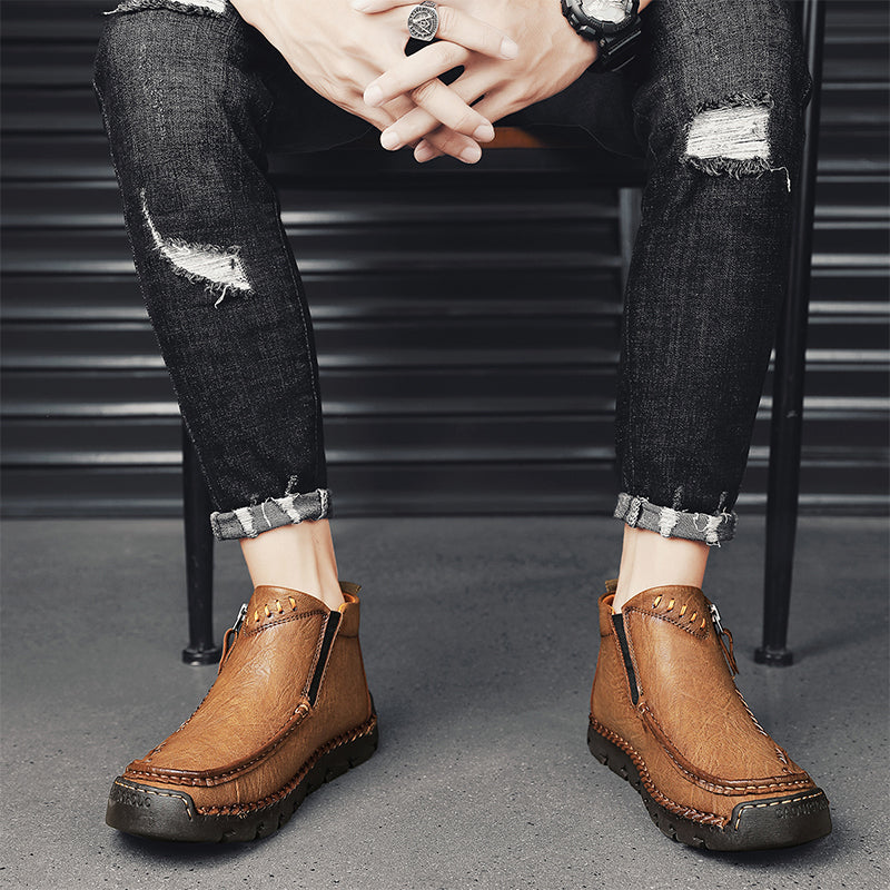 (⏰Last Day 70% OFF🔥)Men's Top-Quality Motorcycle Boots Hand-Stitched Genuine Leather Boots-Wide Toe Waterproof Anti-Slip Anti-Sprain Suitable for Work Driving Hiking