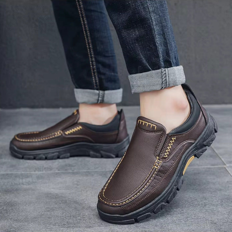 50% OFF!!!🛒Men's Waterproof Handmade Leather Business Shoes, Comfortable Slip-On Arch Support, Wide Toe, Non-Slip, and Corrective Footwear