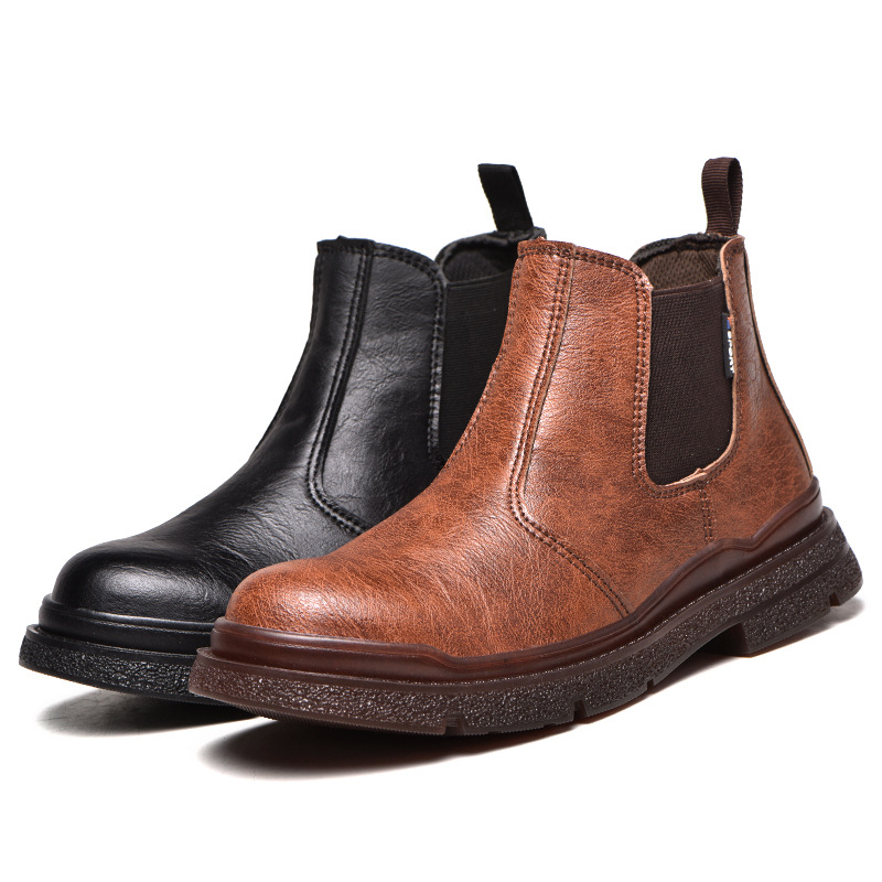 Men's Genuine Leather Steel Toe Chelsea Work Boots – Anti-Puncture, Waterproof, Slip-On Safety Shoes, Durable & Non-Slip